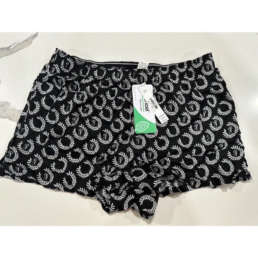 Victoria's Secret PINK Pajama Shorts Black White Wreath Logo Tencel Sleep Small‎